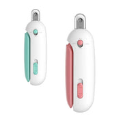 Two compact white handheld fabric cutters with ergonomic grips in green and pink, featuring safety lock switches