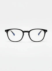 Black square eyeglasses with clear lenses and blue temple tips on white background