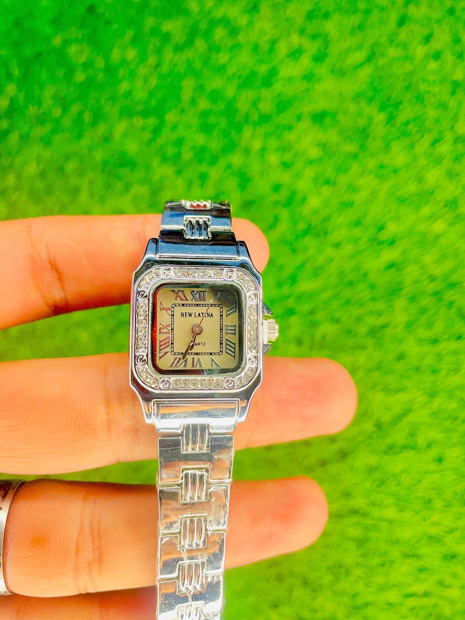 NEW LAZYNA Silver Women's Watch – Stone - Studded Bezel, Roman Dial, Water Resistant - Ascent Styles