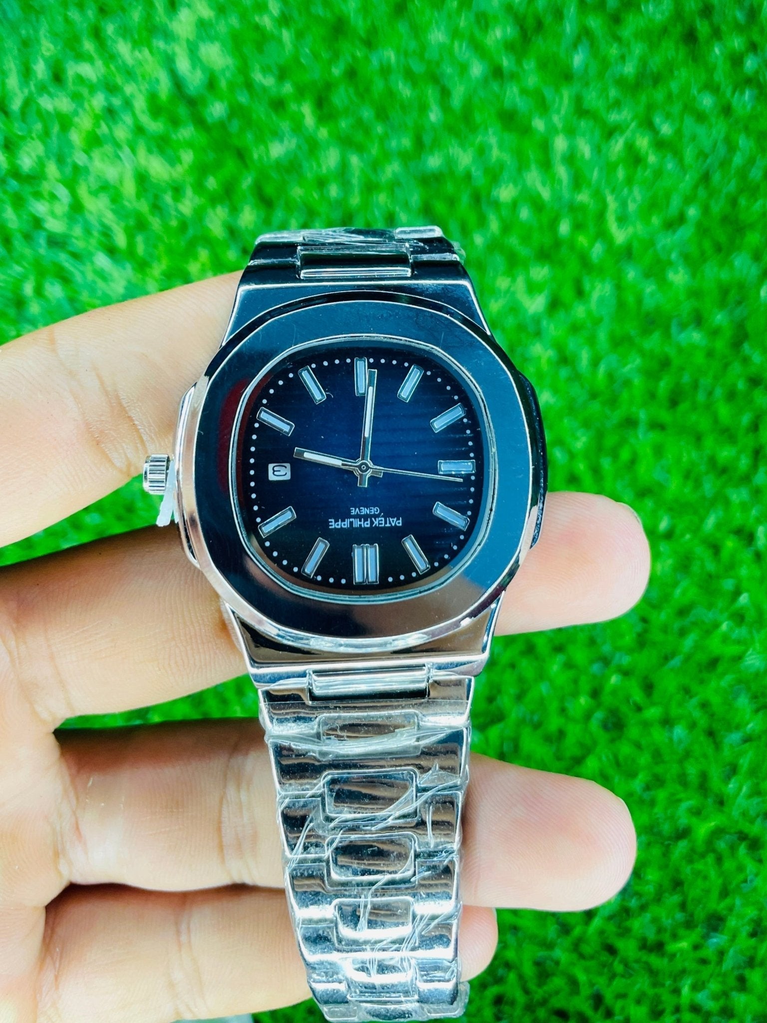 pp silver with blue dial with date - Ascent Styles