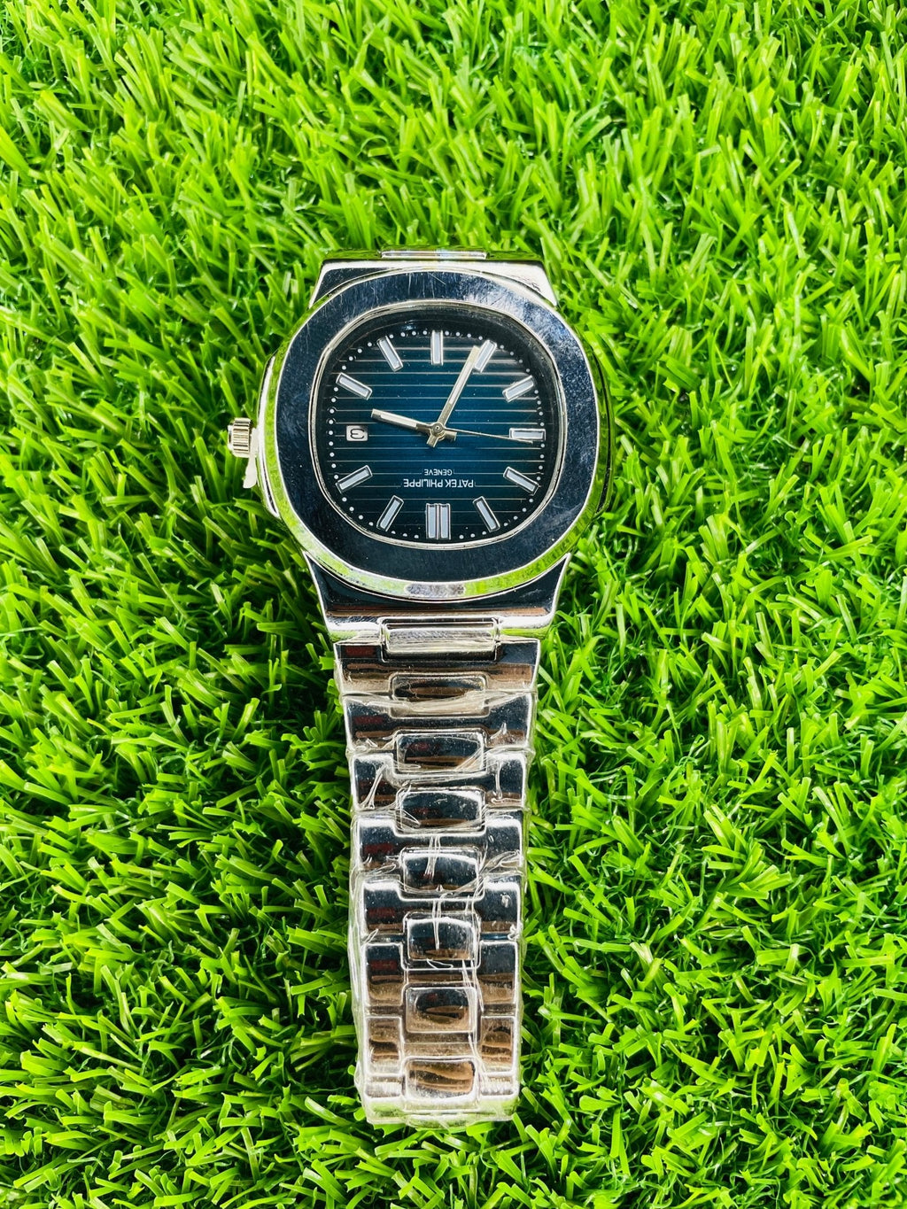 pp silver with blue dial with date - Ascent Styles