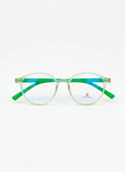 Ultra lightweight transparent green frame eyeglasses with flexible blue-green temples, unisex style